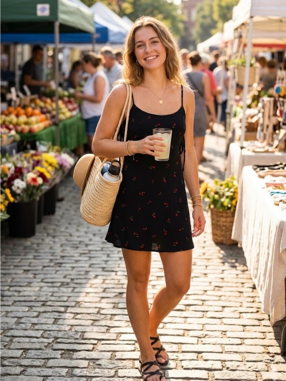 Women's Black Mini Slip Dress with Cherry Print